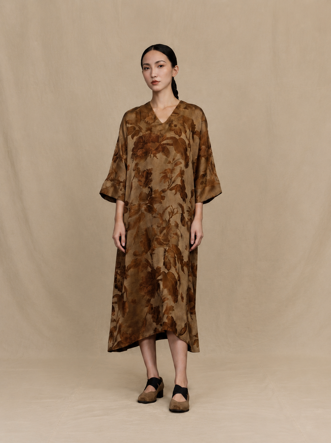 Golden peony short sleeved dress, front view