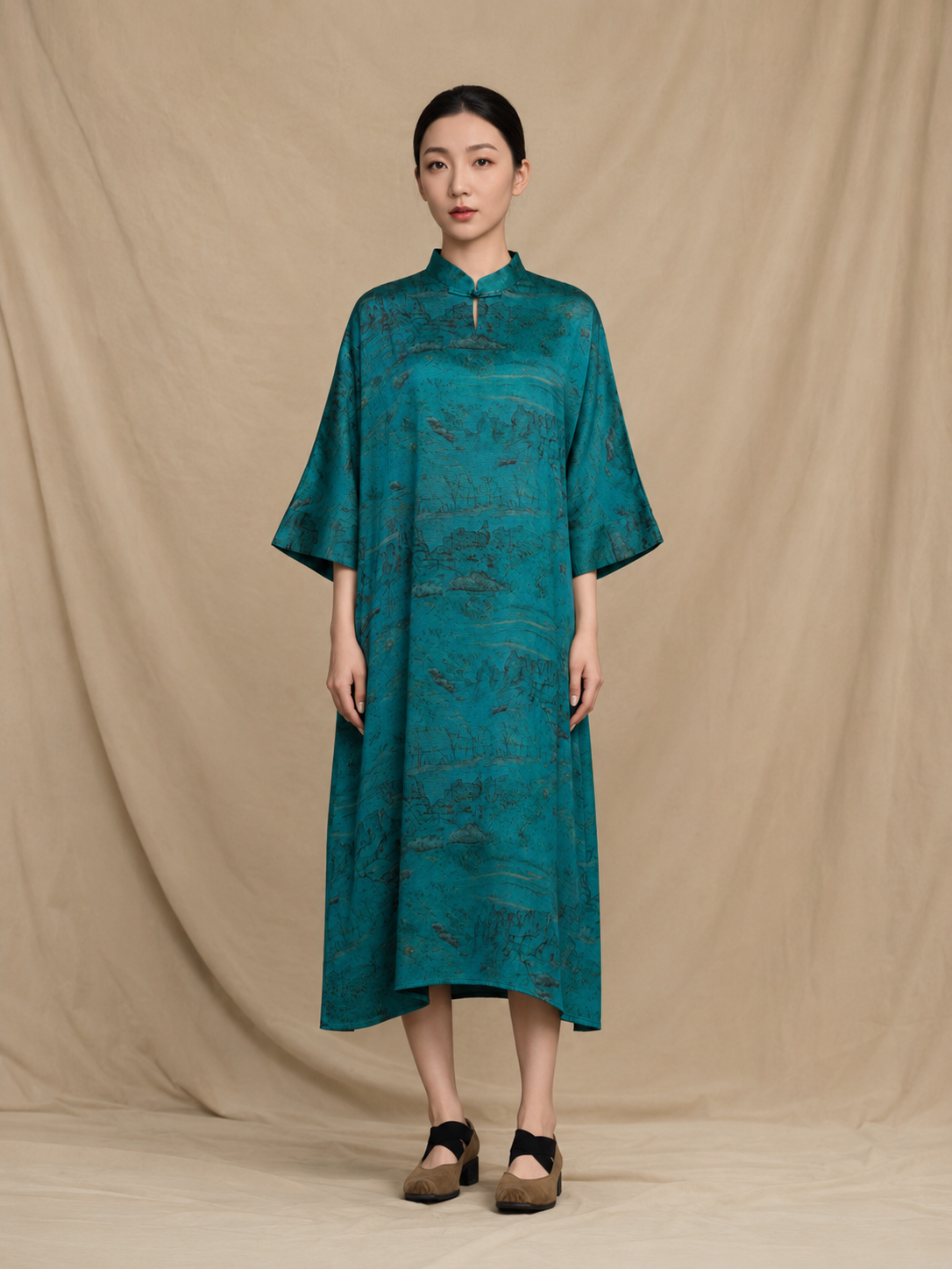 Mineral Teal Landscape Xiangyun Silk Dress — front view