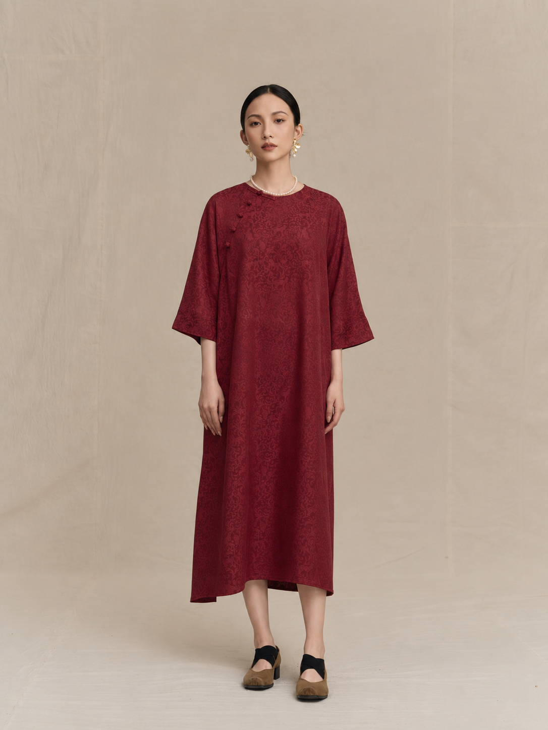 Carmine Damask Xiangyun Silk Tunic Dress — front view