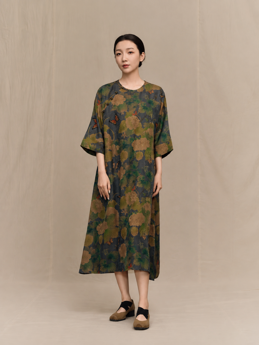 Charcoal Butterfly and Peony Xiangyun Silk Dress — front view