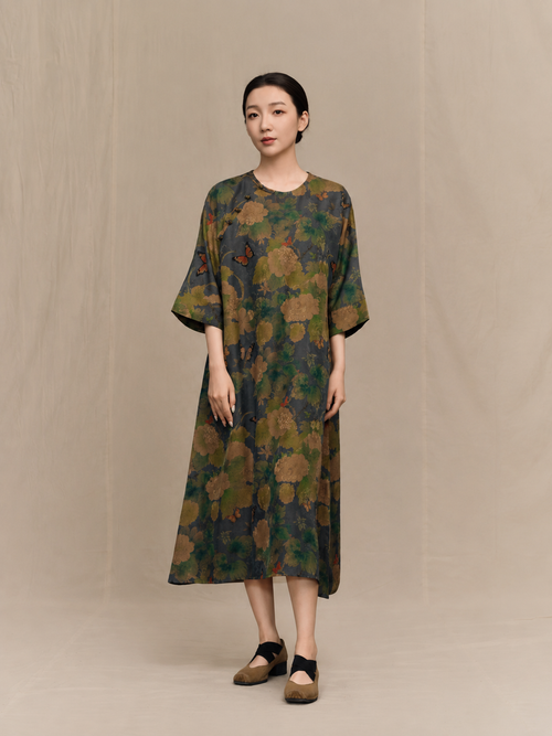 Charcoal Butterfly and Peony Xiangyun Silk Dress — front view