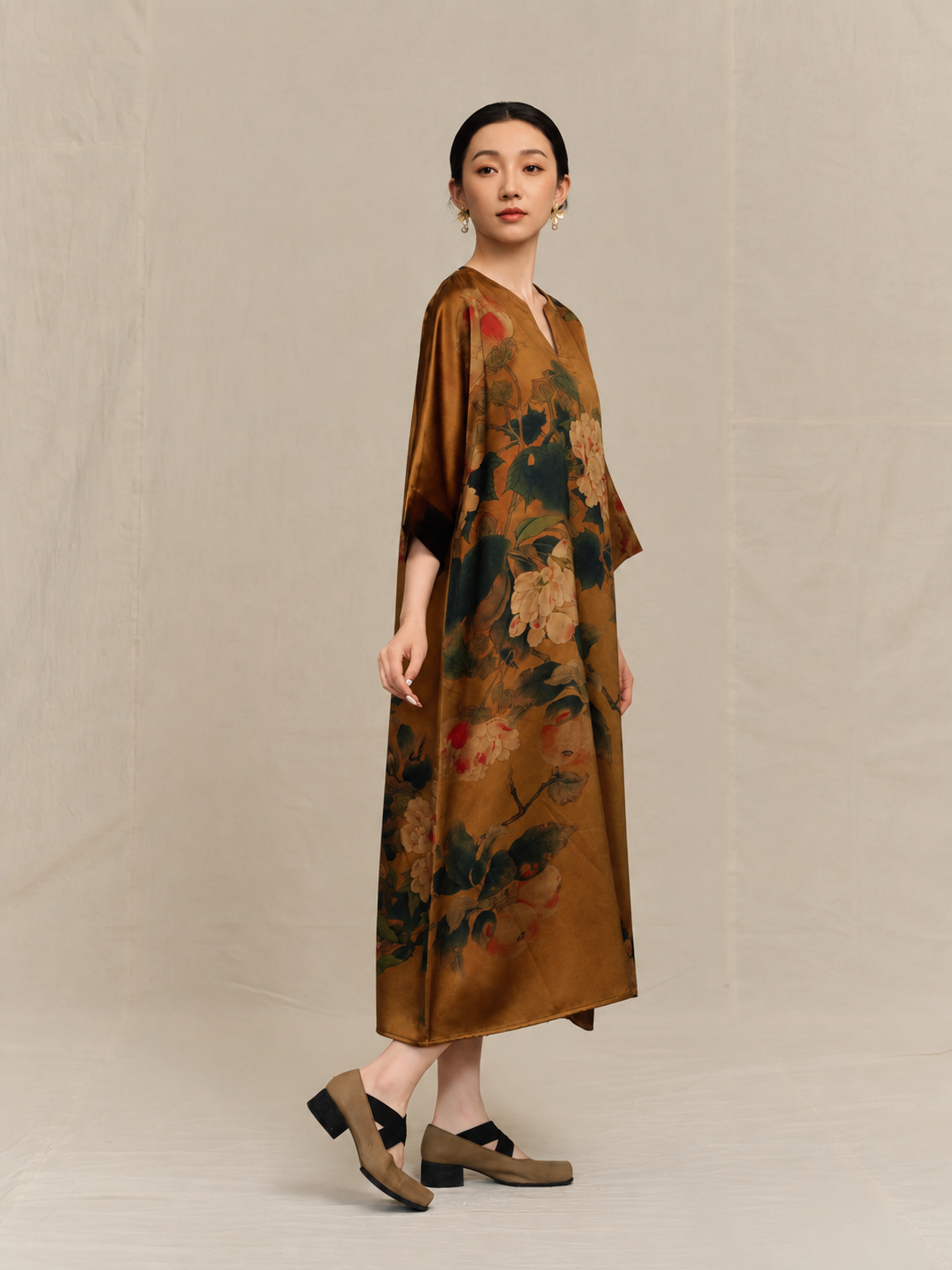 Raw Ochre Botanical Xiangyun Silk Tunic Dress — front view