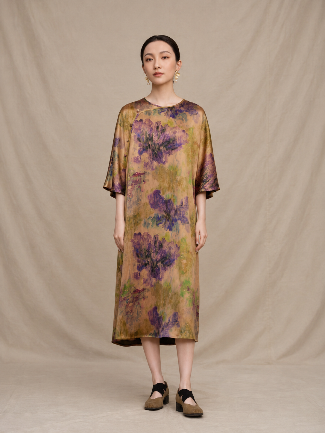 Bronze Violet Printed Xiangyun Silk Tunic Dress — front view
