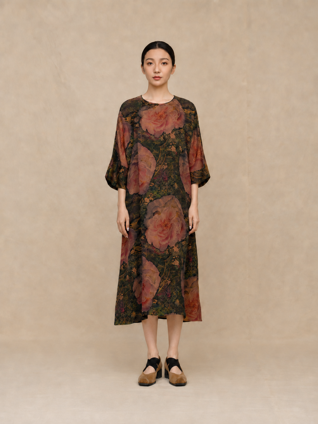Sludge Green Rose Botanical Xiangyun Silk Dress — front view