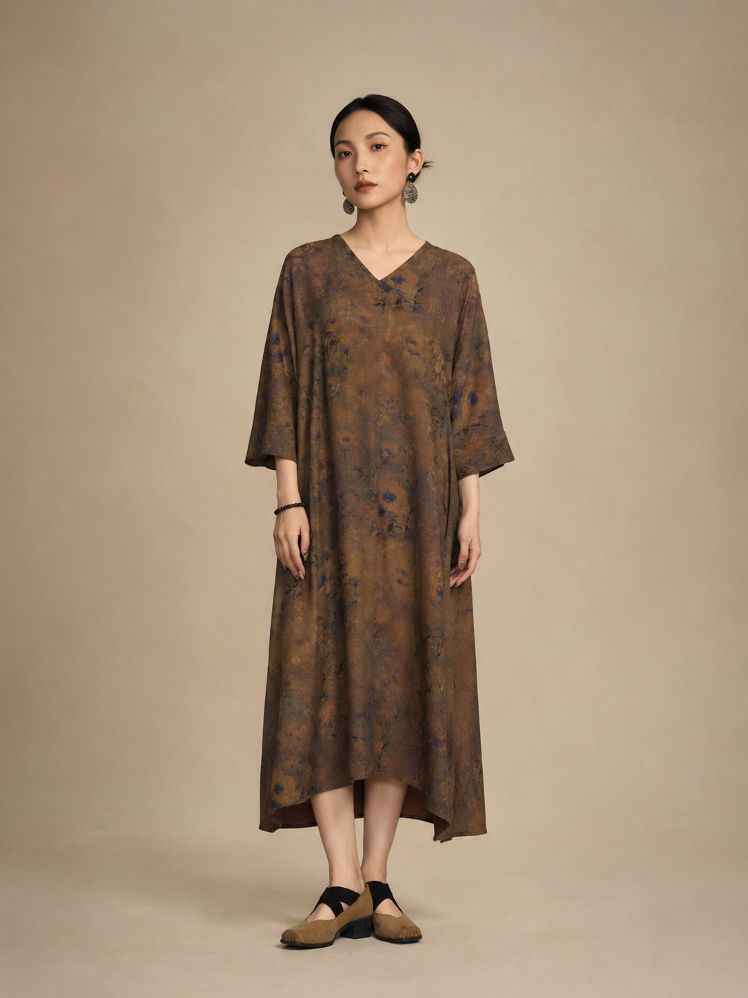 Chestnut Vintage Botanical Xiangyun Silk Dress — front view