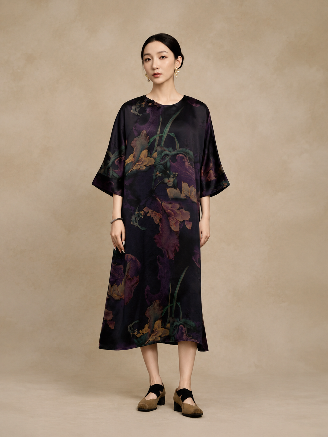 Plum Slate Printed Xiangyun Silk Tunic Dress — front view