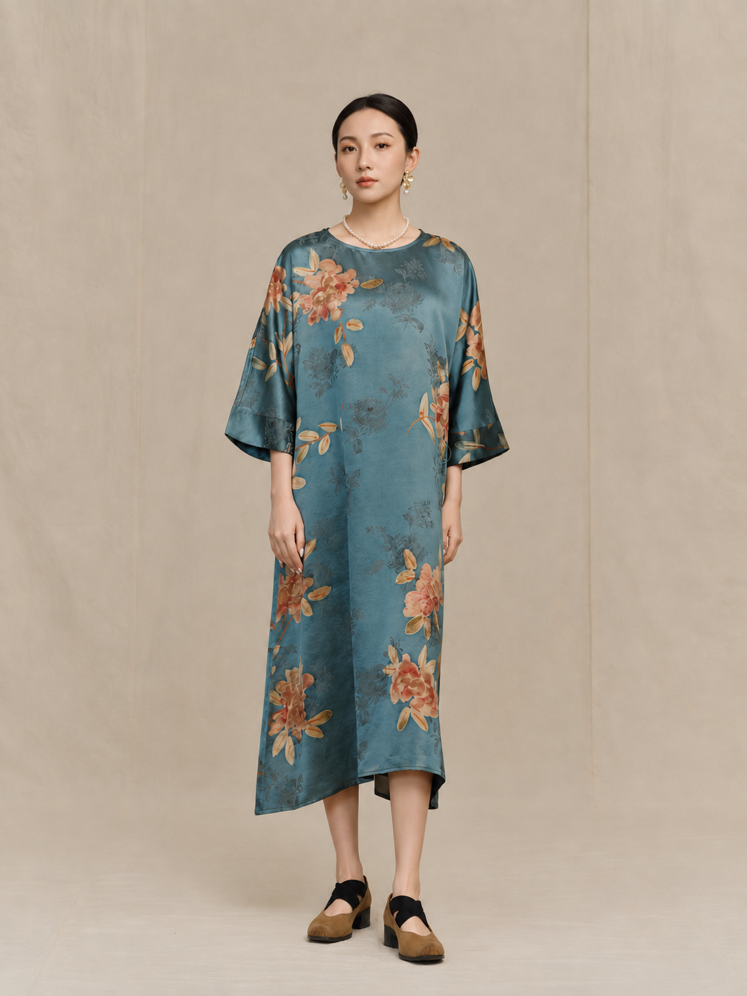Teal & Amber Floral Xiangyun Silk Dress — front view