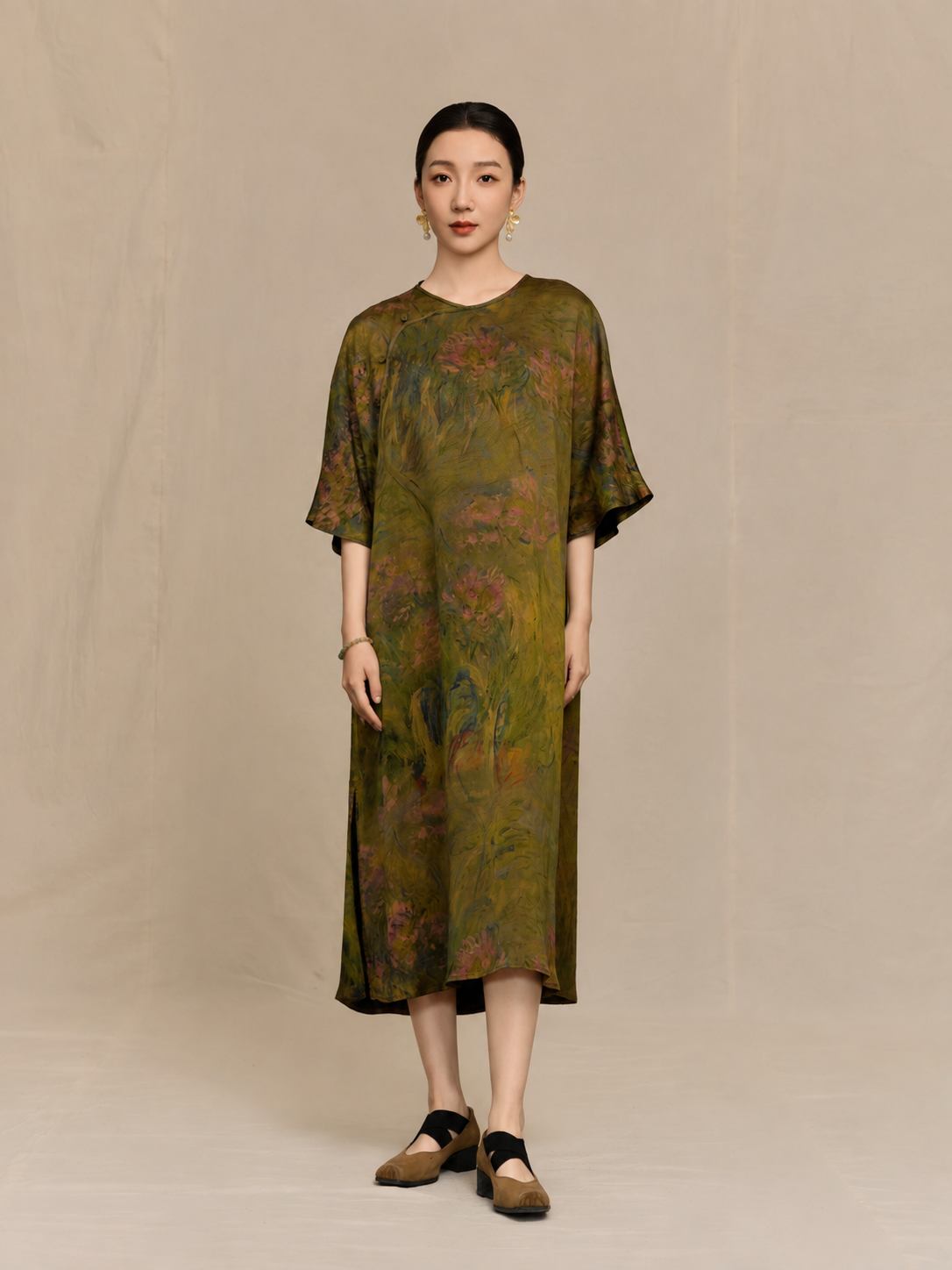 Impressionist Moss and Rose Xiangyun Silk Dress — front view