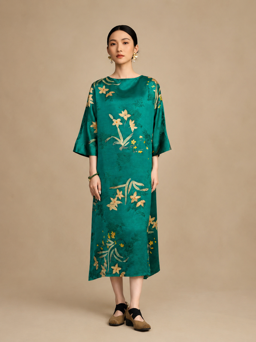 Jade Boat-Neck Botanical Xiangyun Silk Maxidress — front view