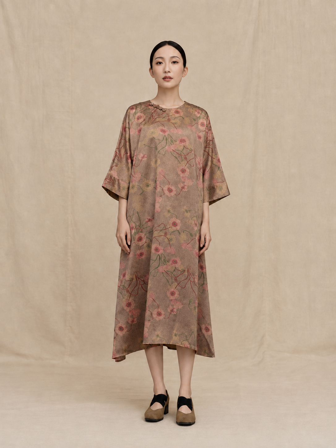 Taupe Rose Botanical Xiangyun Silk Dress — front view