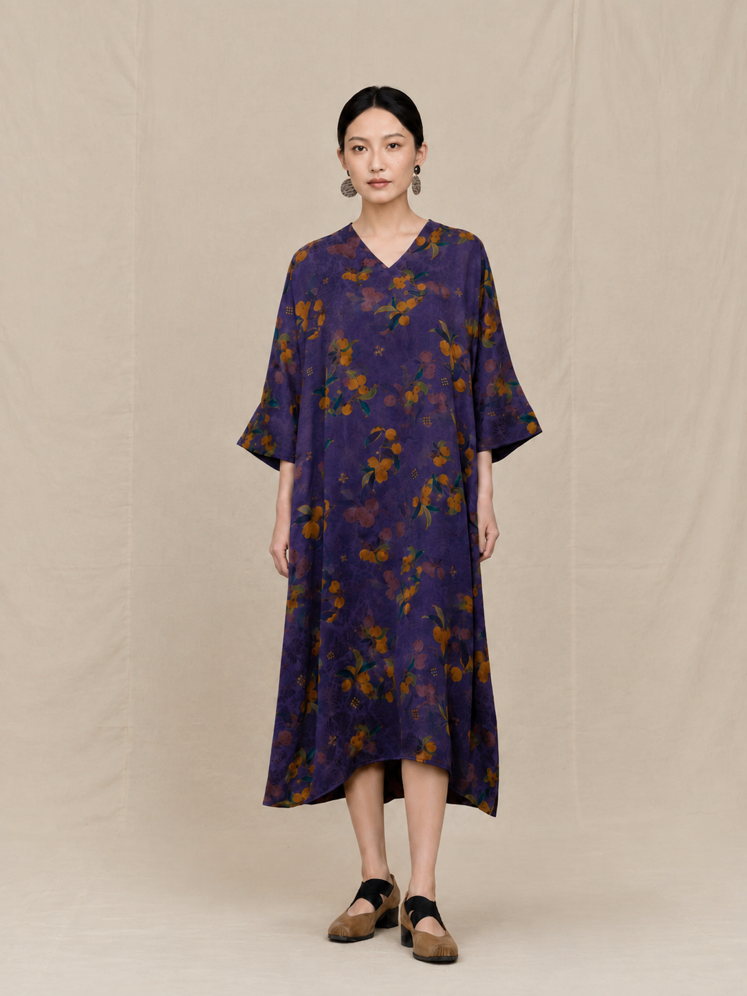 Deep Violet Golden Botanical Xiangyun Silk dress — front view