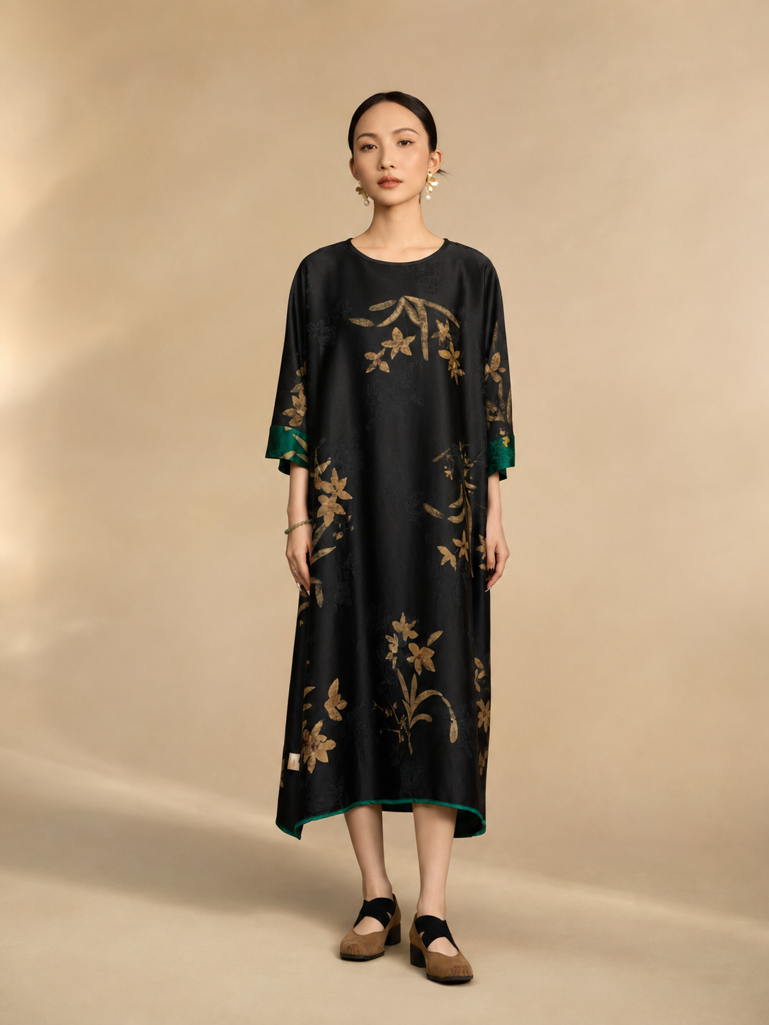 Ebony Gold Orchid and Emerald Trim Xiangyun Silk Dress — front view