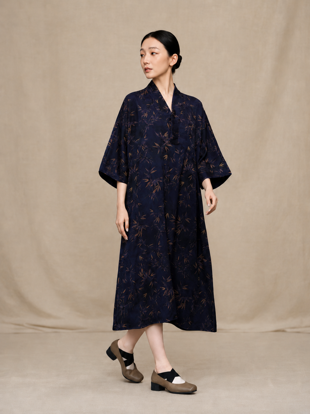 Gilded Bamboo Dark Silk Maxidress — front view