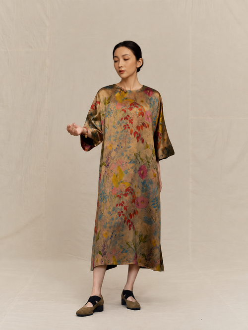 Bronze Meadow Wildflower Xiangyun Silk Midi Dress — front view