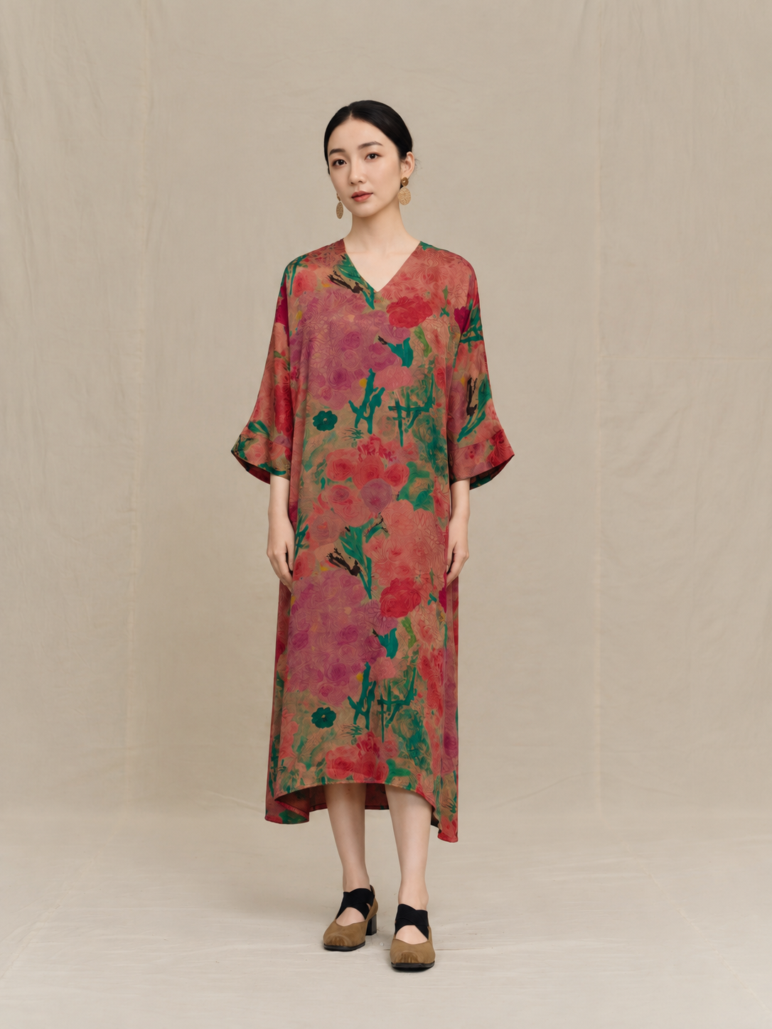 Terracotta Jade Botanical Xiangyun Silk V-Neck Dress — front view