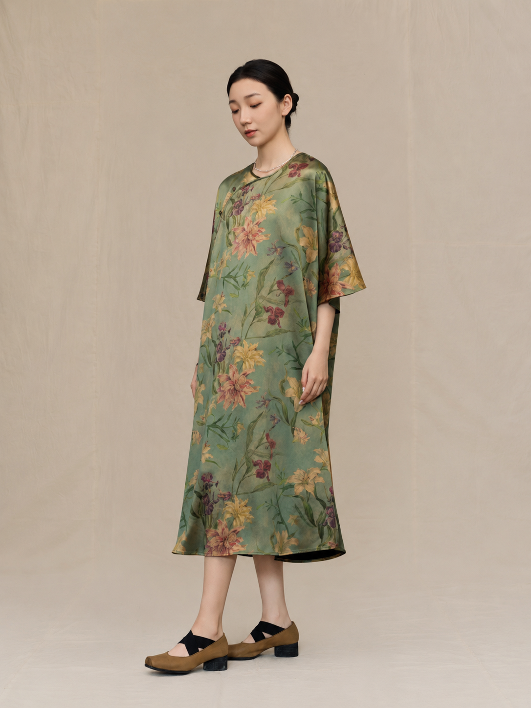 Sage Green & Golden Lily Xiangyun Silk Dress — front view