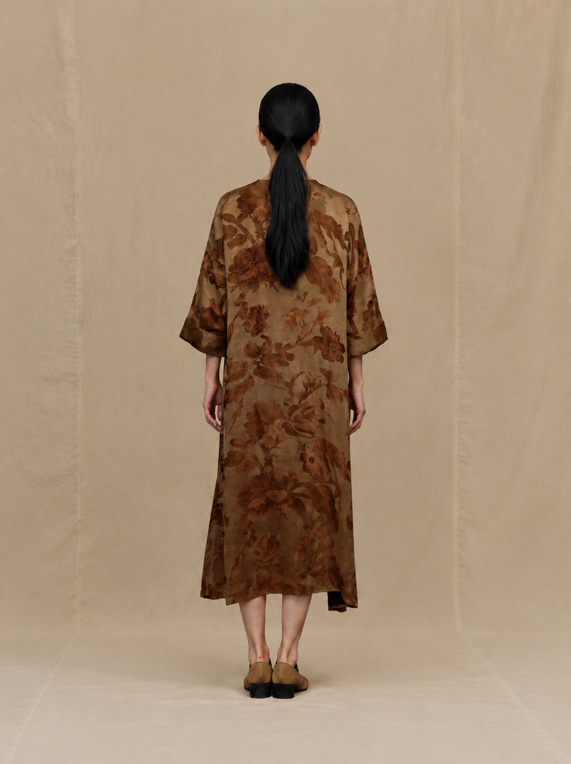 Golden peony short sleeved dress, back view