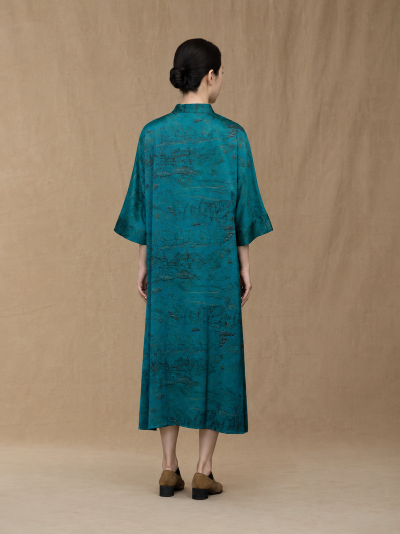 Mineral Teal Landscape Xiangyun Silk Dress — back view