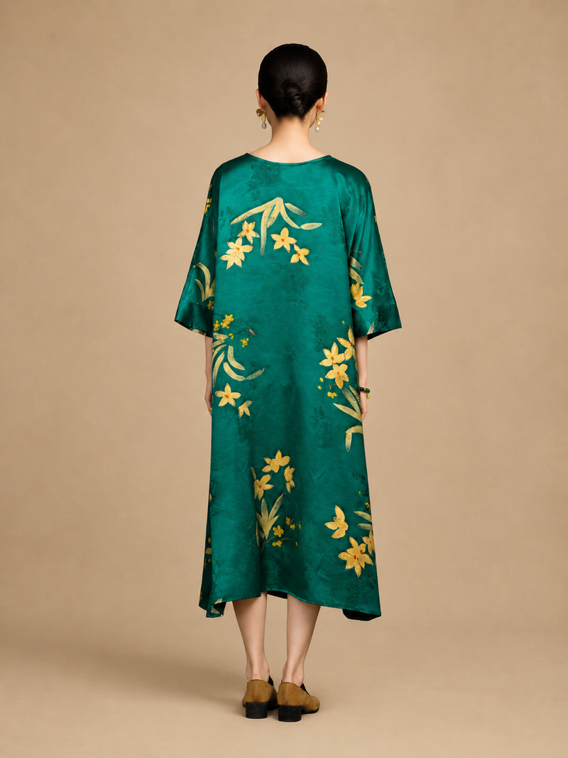 Jade Boat-Neck Botanical Xiangyun Silk Maxidress — back view