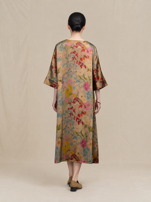 Bronze Meadow Wildflower Xiangyun Silk Midi Dress — back view