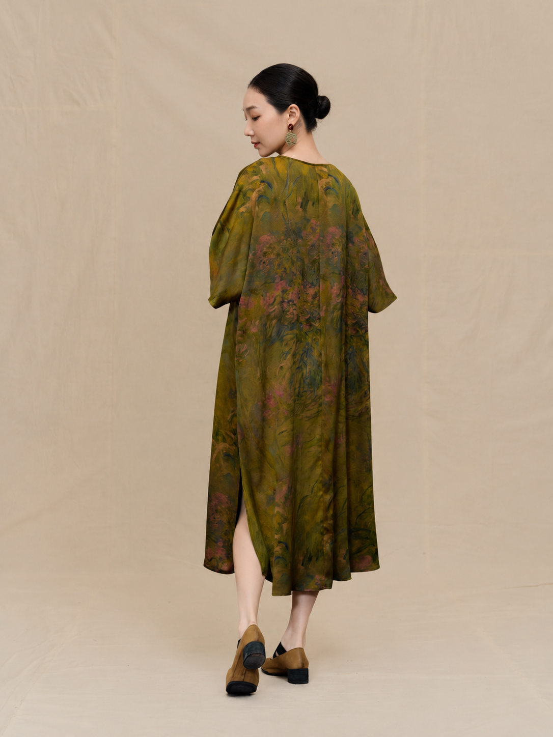 Impressionist Moss and Rose Xiangyun Silk Dress — back view