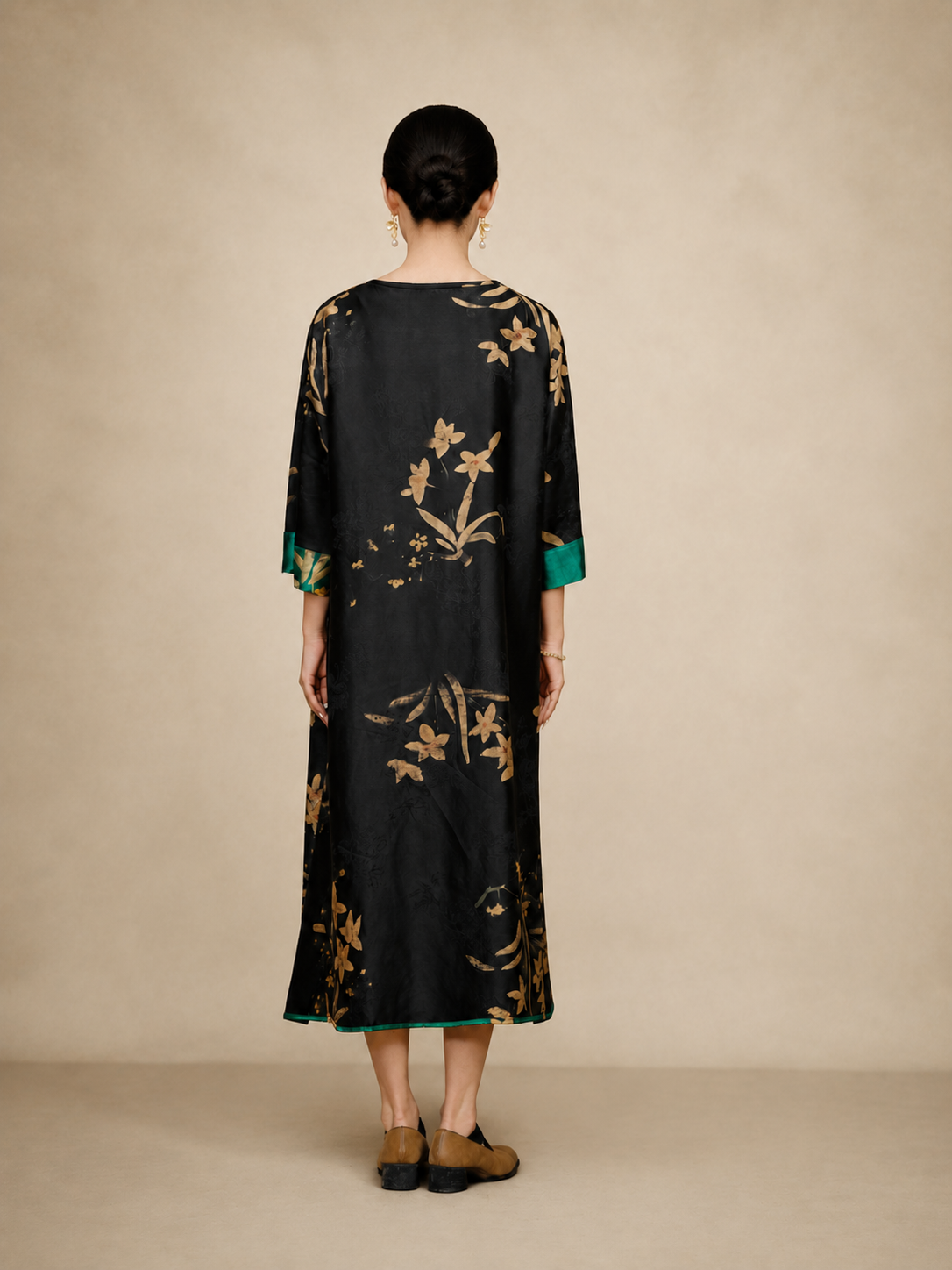 Ebony Gold Orchid and Emerald Trim Xiangyun Silk Dress — back view