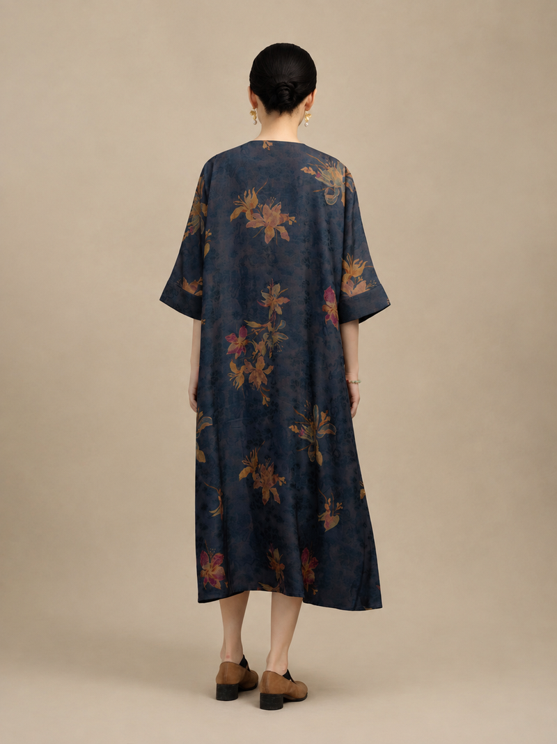 Dark Navy Vintage Floral Xiangyun Silk Dress — back view