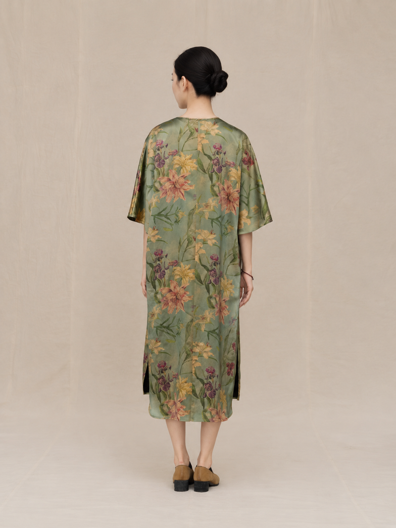 Sage Green & Golden Lily Xiangyun Silk Dress — back view