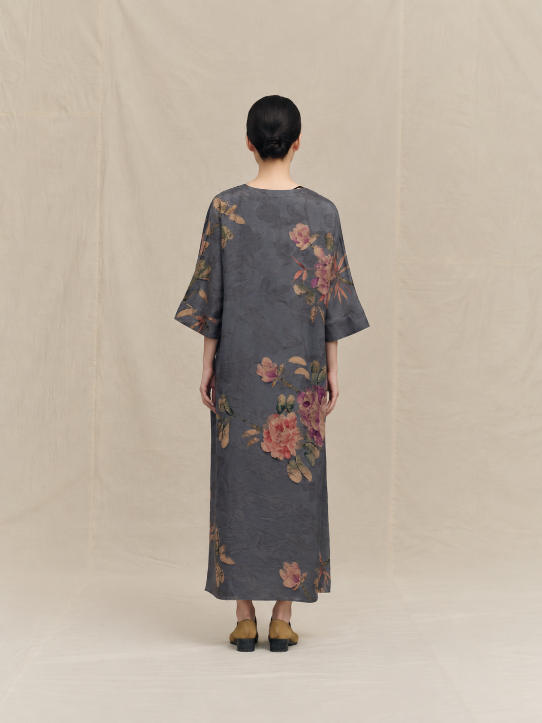 Charcoal Grey & Rose Peony Xiangyun Silk Dress — back view