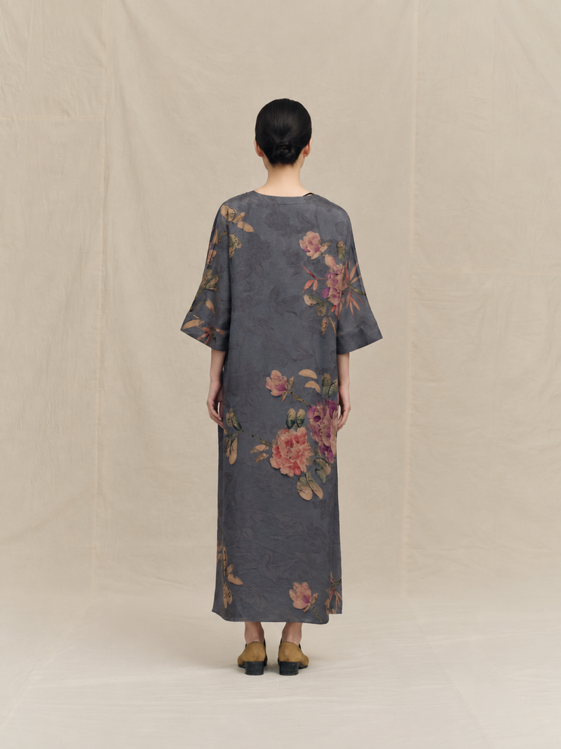 Charcoal Grey & Rose Peony Xiangyun Silk Dress — back view