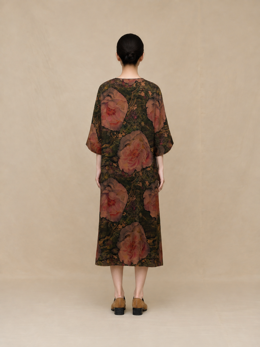 Sludge Green Rose Botanical Xiangyun Silk Dress — back view