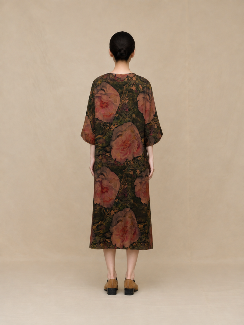 Sludge Green Rose Botanical Xiangyun Silk Dress — back view