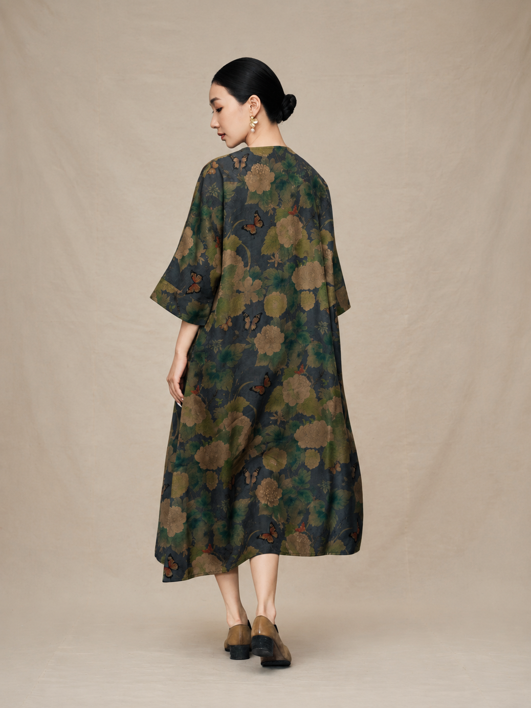 Charcoal Butterfly and Peony Xiangyun Silk Dress — back view