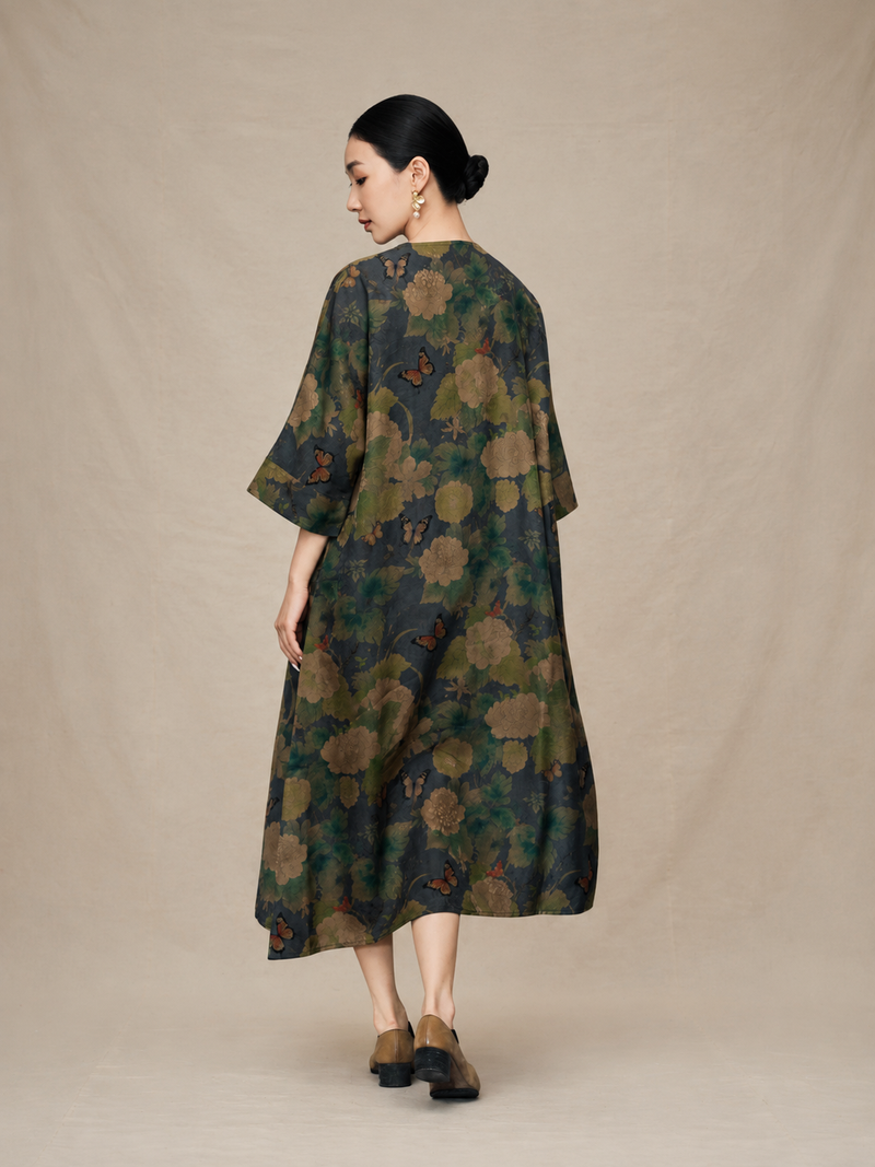 Charcoal Butterfly and Peony Xiangyun Silk Dress — back view