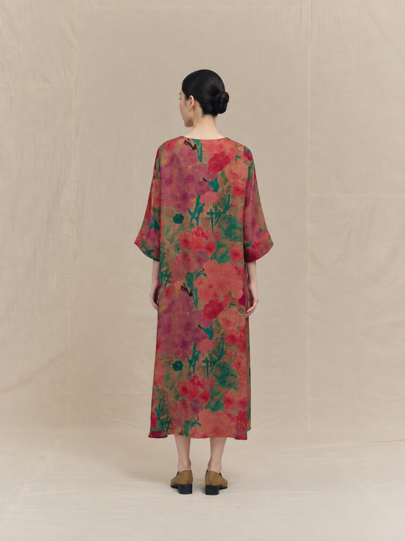 Terracotta Jade Botanical Xiangyun Silk V-Neck Dress — back view