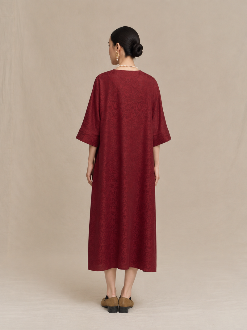 Carmine Damask Xiangyun Silk Tunic Dress — back view