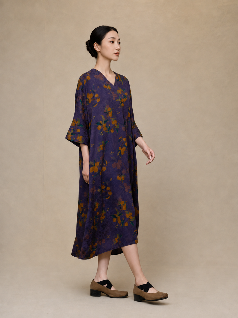 Deep Violet Golden Botanical Xiangyun Silk dress — back view
