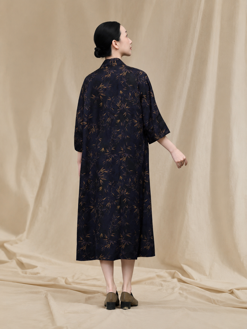 Gilded Bamboo Dark Silk Maxidress — back view