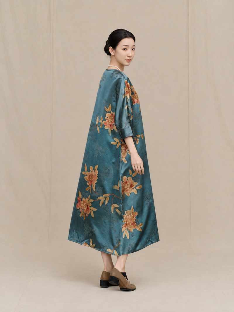 Teal & Amber Floral Xiangyun Silk Dress — back view
