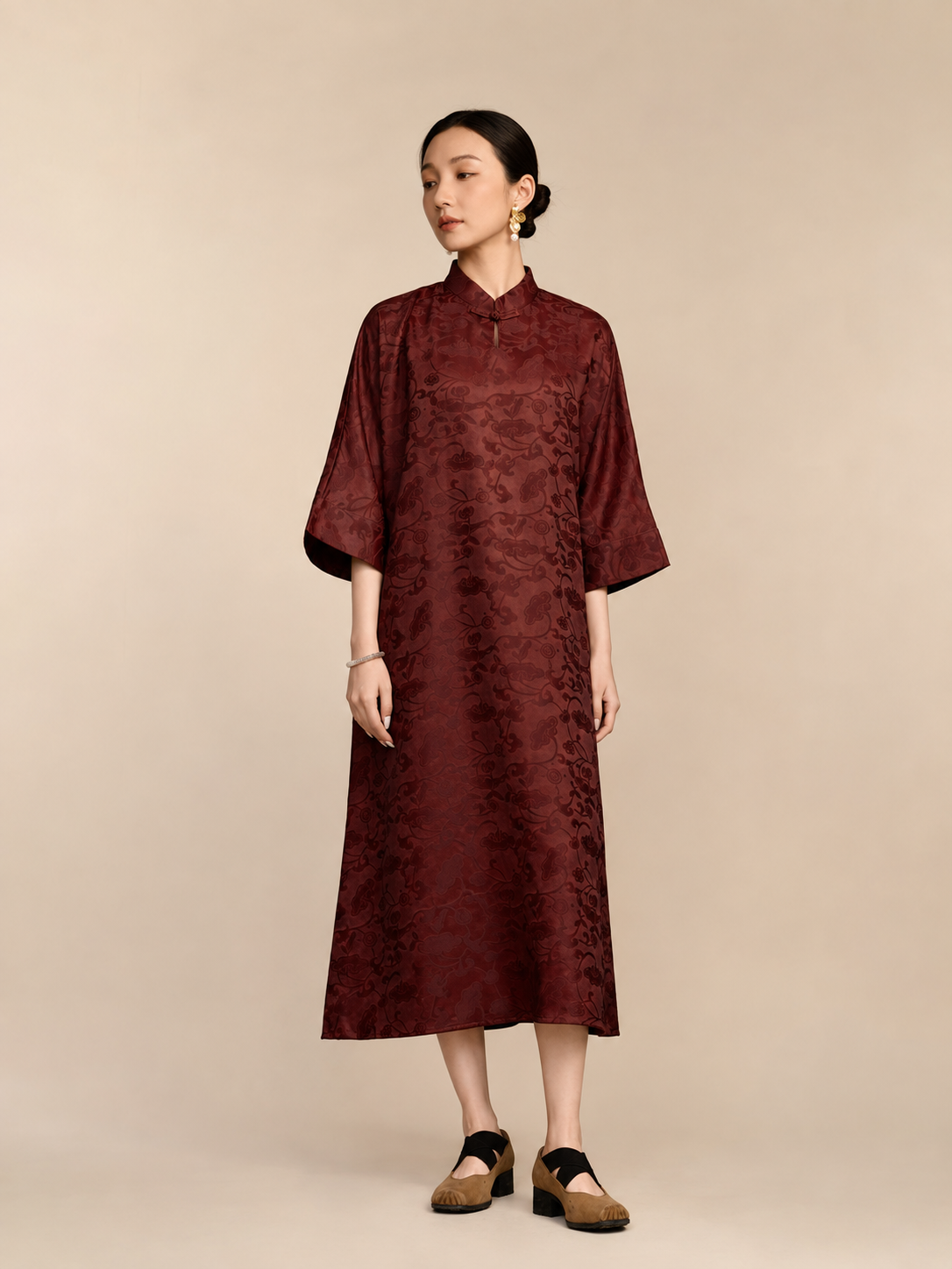 Oxblood Damask Xiangyun Silk Dress — back view