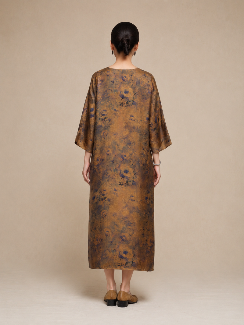 Chestnut Vintage Botanical Xiangyun Silk Dress — back view