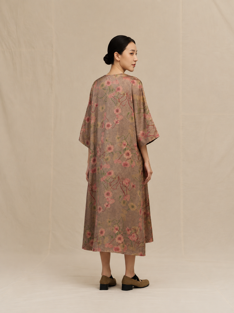 Taupe Rose Botanical Xiangyun Silk Dress — back view