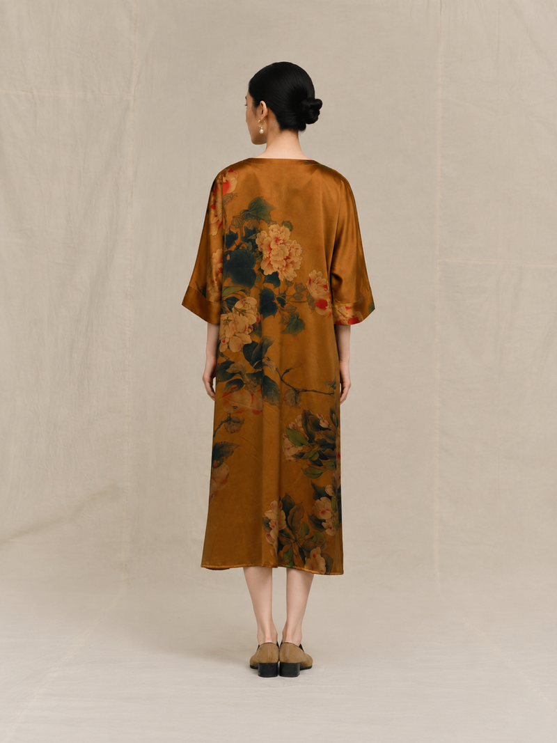 Raw Ochre Botanical Xiangyun Silk Tunic Dress — back view