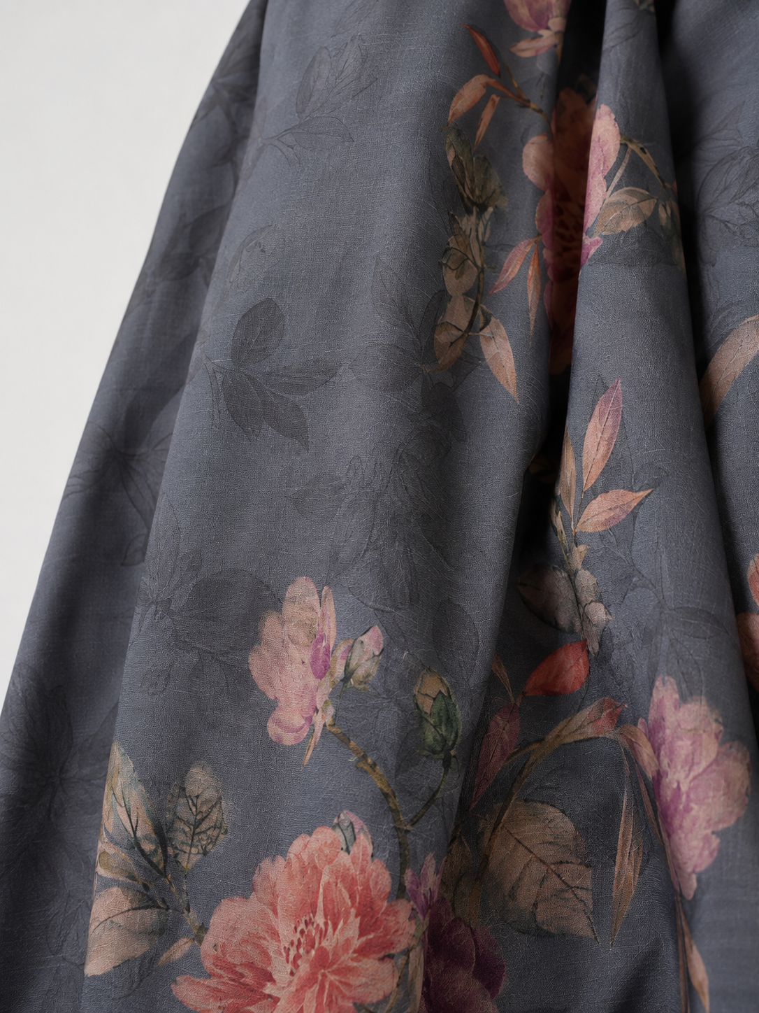 Charcoal grey and rose peony silk pattern detail