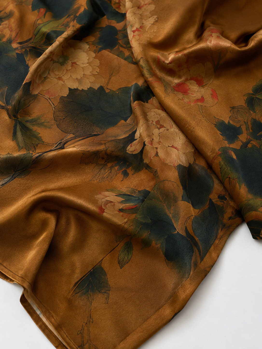 Raw ochre botanical silk pattern detail