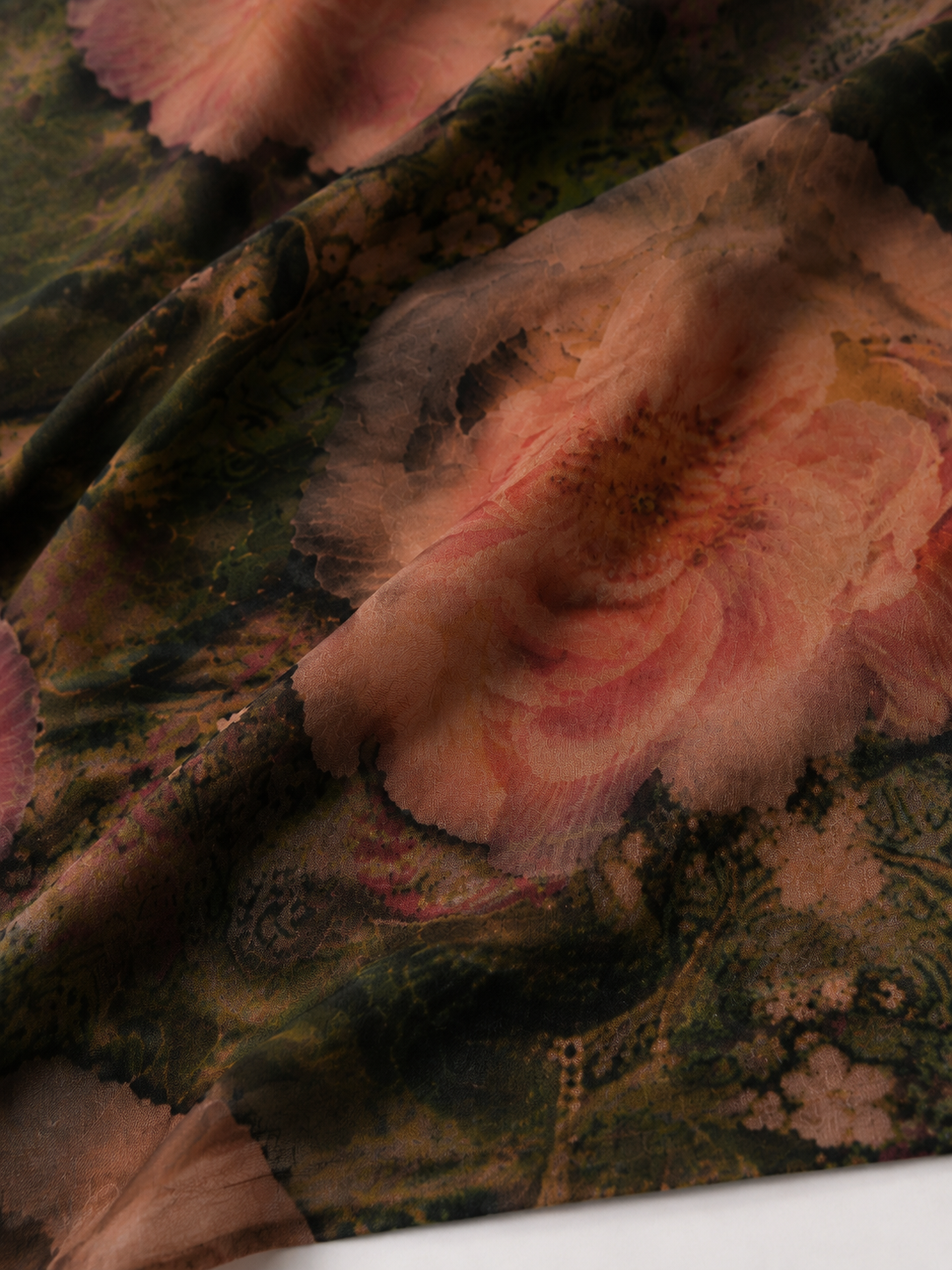Sludge green and rose botanical silk pattern detail