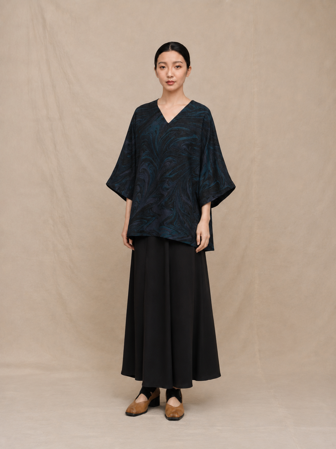 V-Neck Silk Tunic in Marbled Ink & Teal