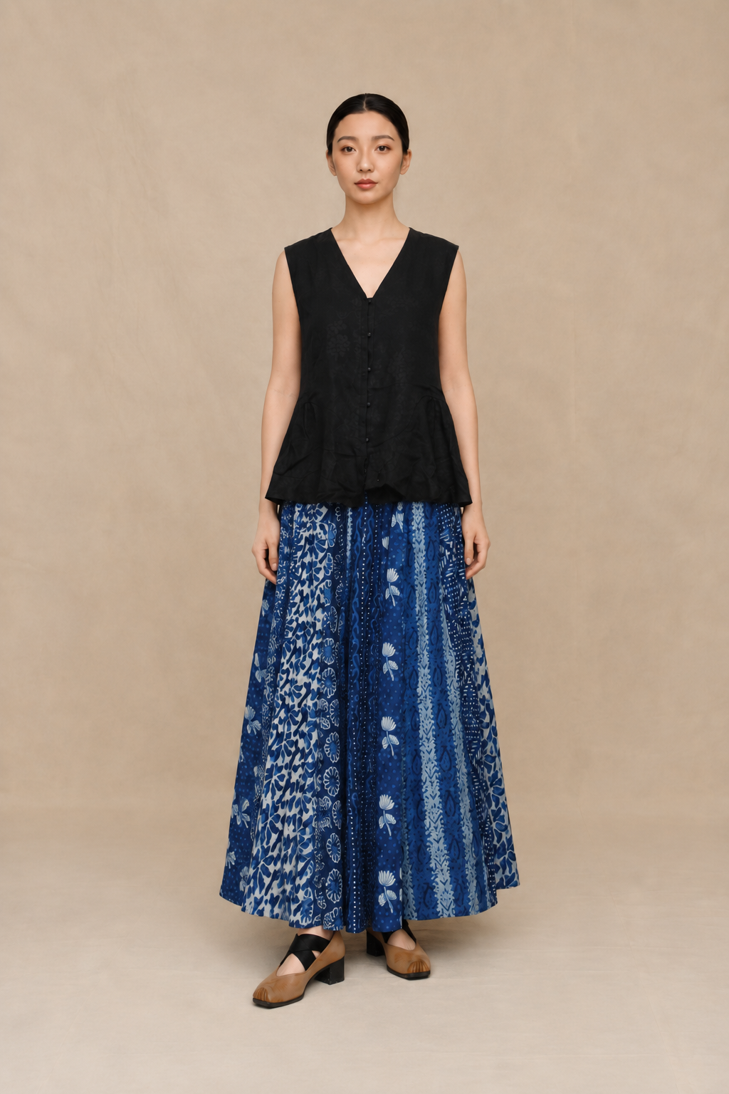 Paneled Indigo Block-Printed Midi Skirt