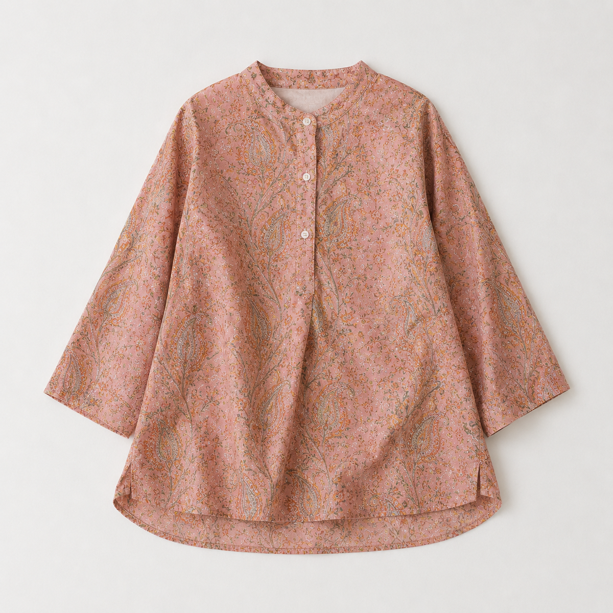 Block-Printed Paisley Silk Tunic in Peach