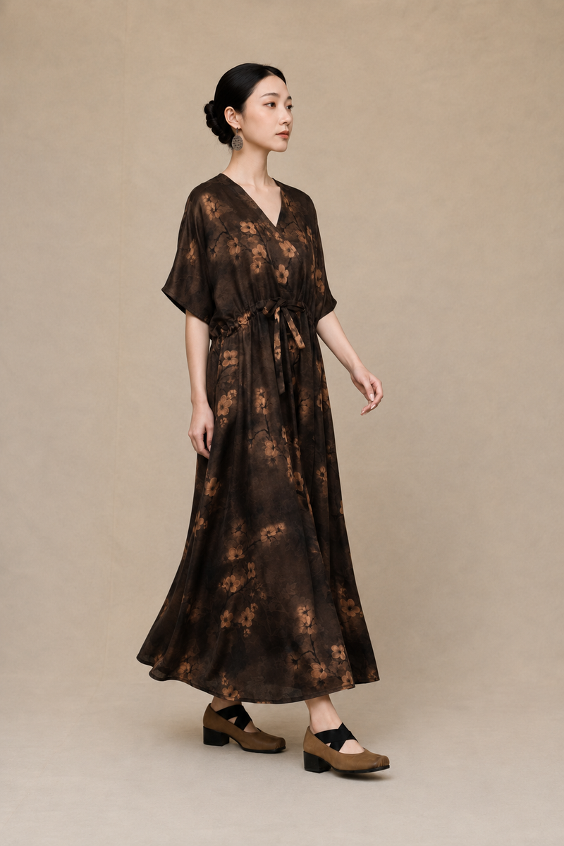 Ink-Washed Botanical Xiangyun Silk Dress